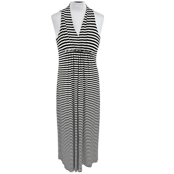 Chico's Black White Striped Halter‎ Maxi Dress Empire Waist Summer Casual SZ M/8 - Picture 1 of 8
